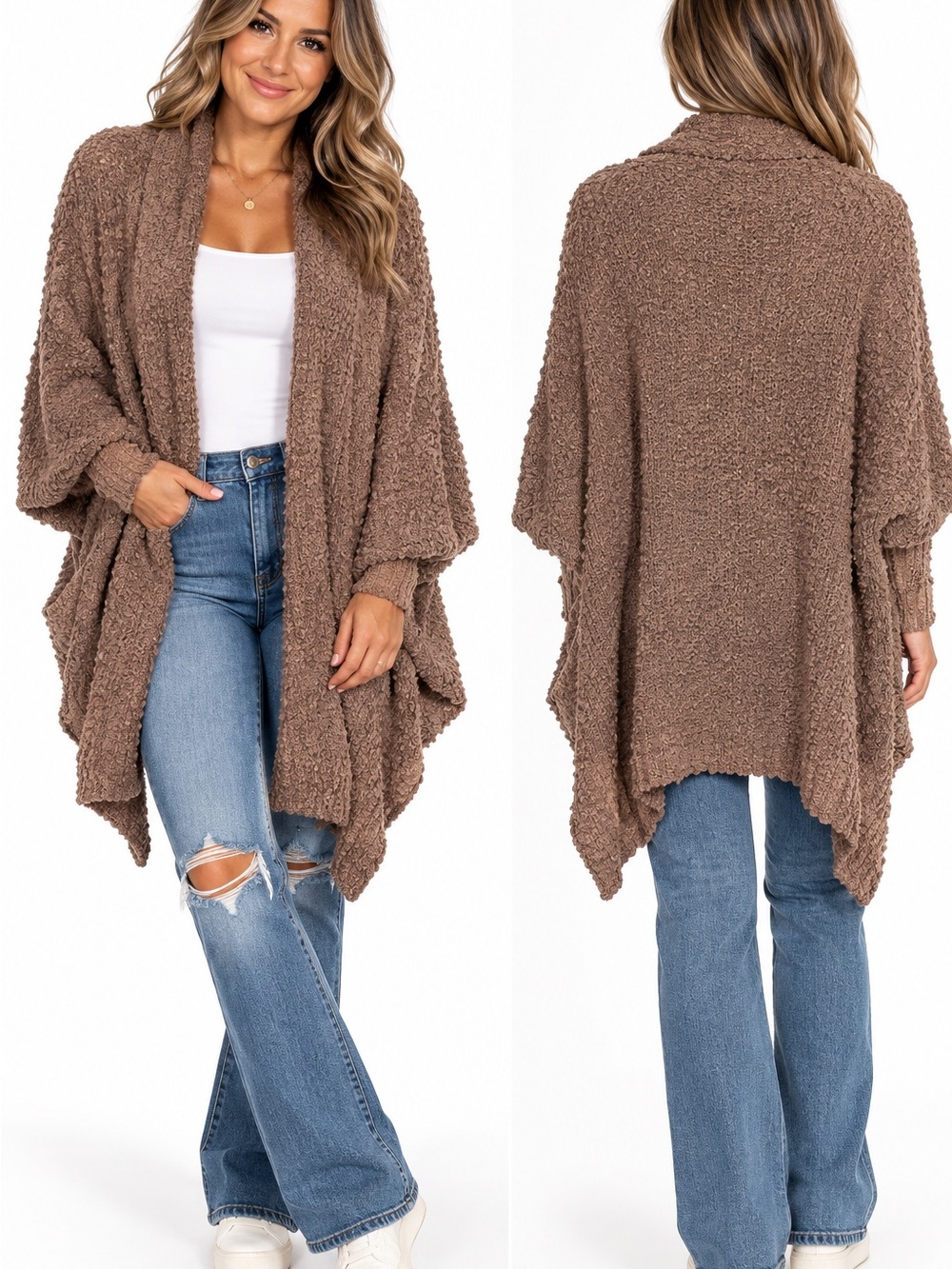 Umgee Mocha Bouclé Draped Open-Front Cardigan